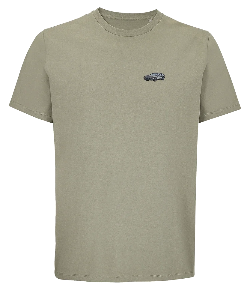 T-shirt Overcut kaki à broderie DeLorean DMC-12, vue de face