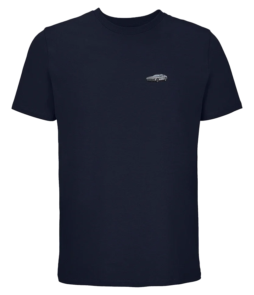 T-shirt Overcut French marine à broderie DeLorean DMC-12, vue de face