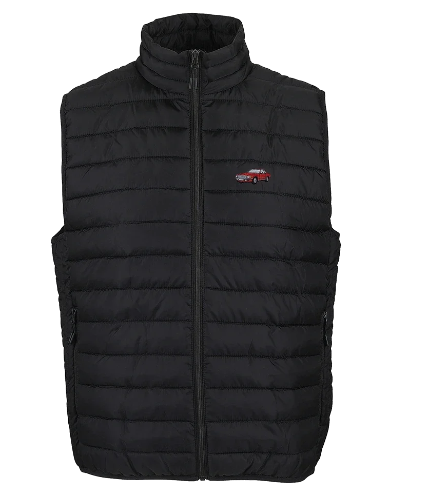 Doudoune sans manche Overcut noire à broderie Mercedes SL R107, vue de face