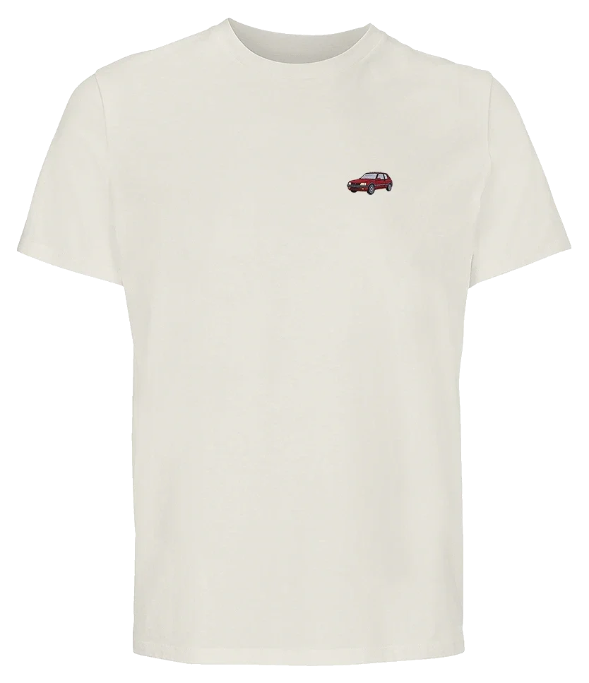 T-shirt Overcut écru à broderie Peugeot 205 GTI, vue de face