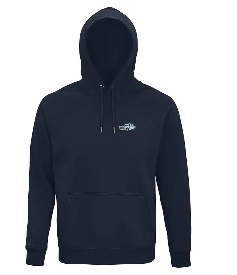 Sweat à capuche Overcut French marine à broderie Peugeot 404, vue de face